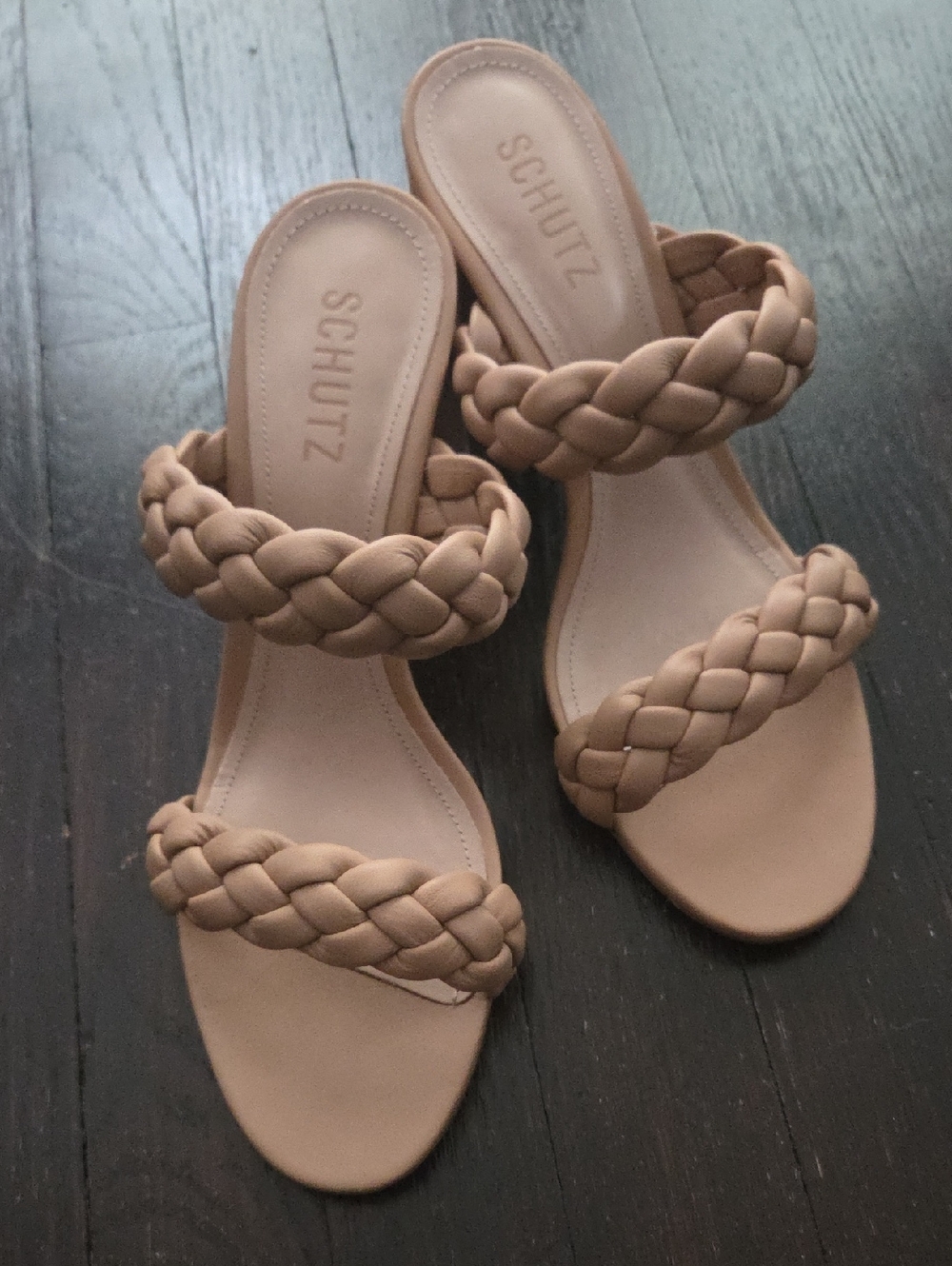SCHUTZ Braided Double-Strap Slide Sandals in Beige